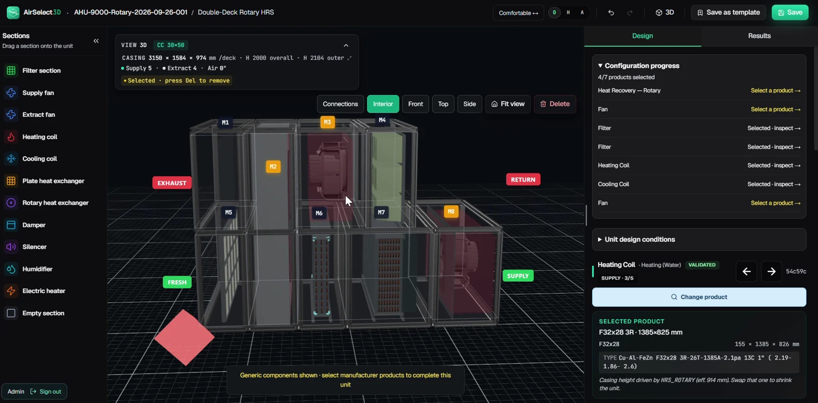 Component selection in the AirSelect3D interface, with an example unit and supplier selection controls.